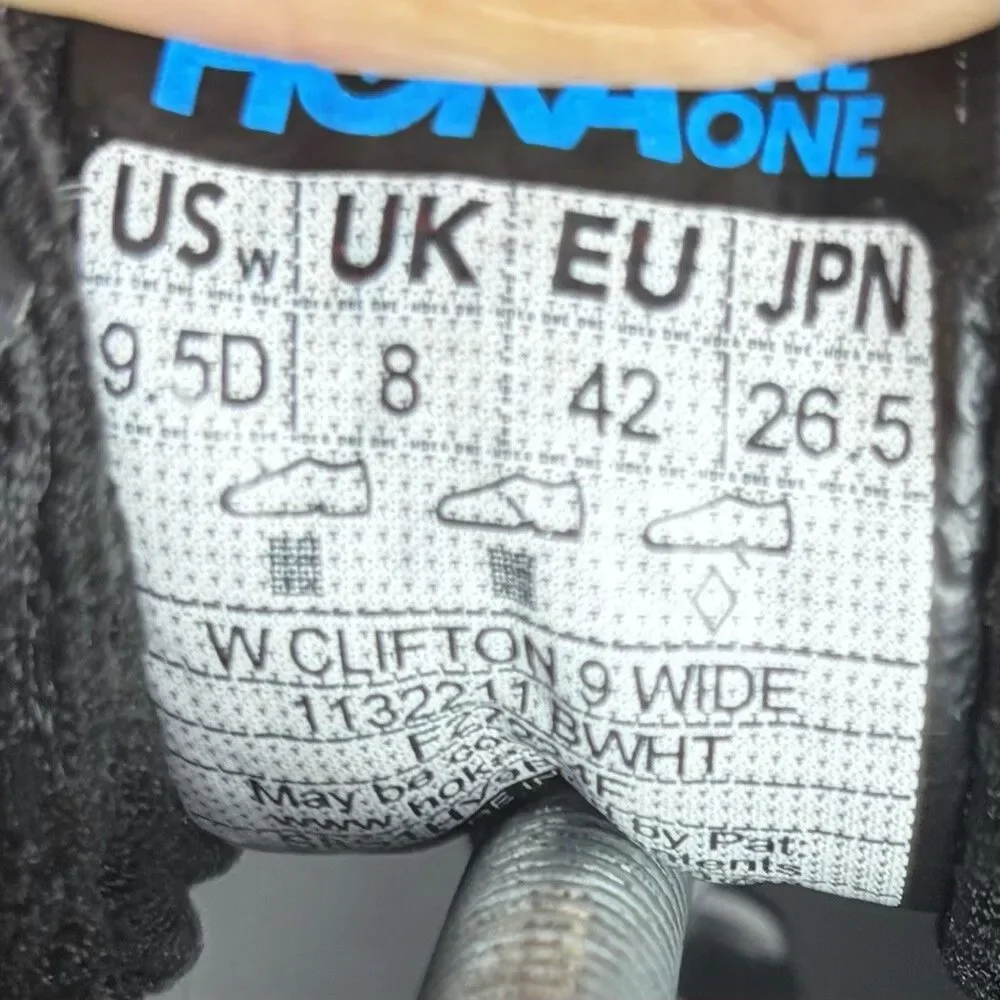 Hoka One One Clifton 9 Shoes Womens Size 9.5 Black Running Sneakers 1127896 BWHT